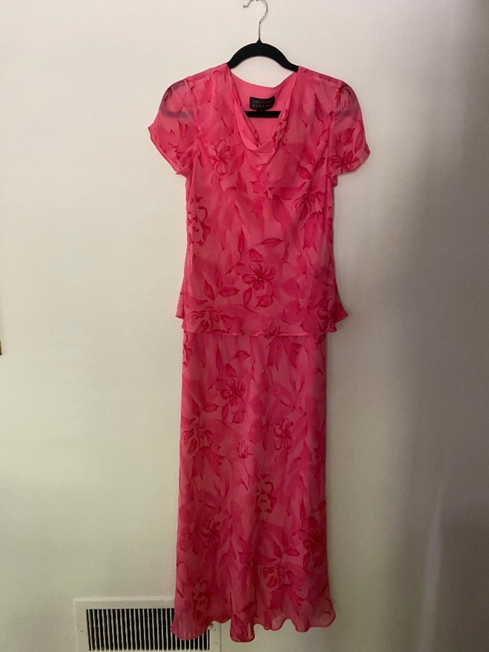 Vintage 1990s 100% Silk Pink Floral Cowl Neck Layered Maxi Dress Boho Size 6